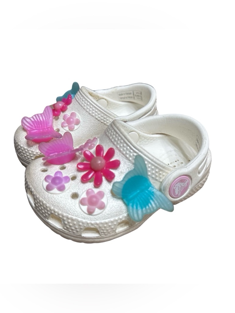 CROCS White Classic Clogs Size 4 Toddler Baby Slip On Butterfly Flower Jibbitz